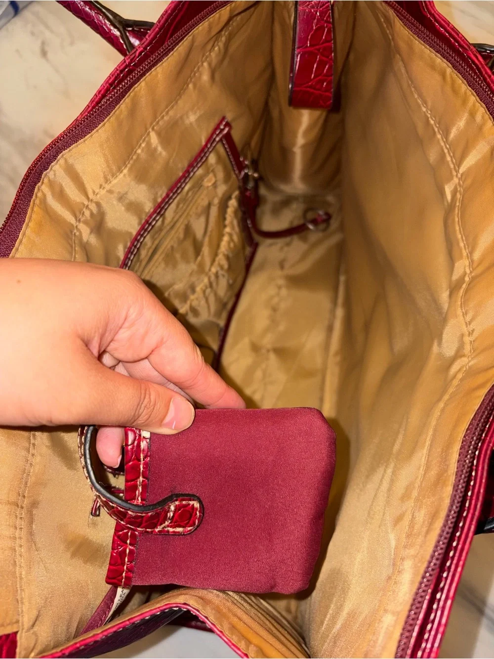Red Croc Embossed Satchel Handbag 3 Buckle Pockets Structured Tote